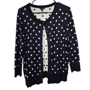 Talbots Button Front 3/4 Sleeve Polka Dot Cardigan Sweater - Navy Blue, Size Med